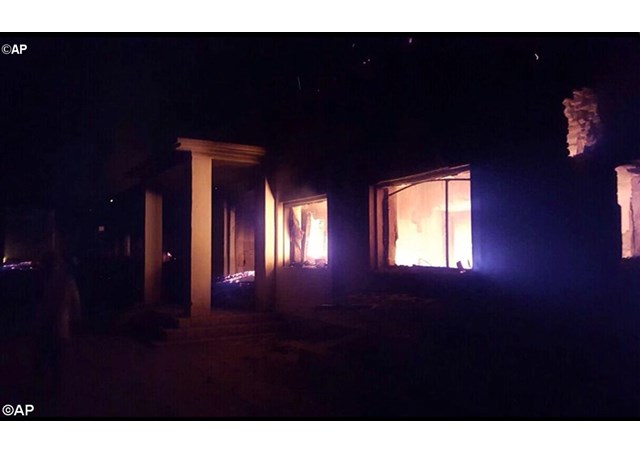 The hospital run by Doctors Without Borders in Kunduz Afghanistan in flames after it was bombed on Oct. 3.- AP