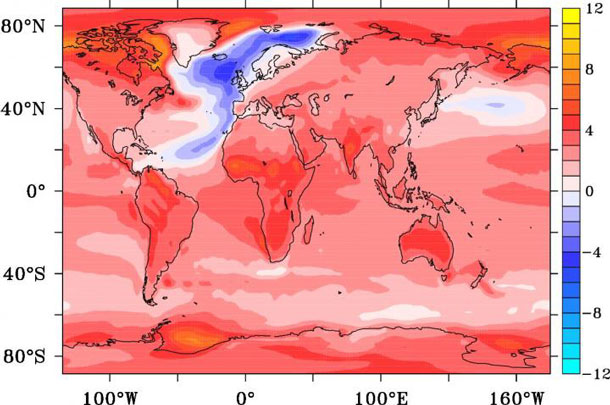 This is a temperature anomaly in degrees Celsius after 95 years from the onset of an AMOC collapse