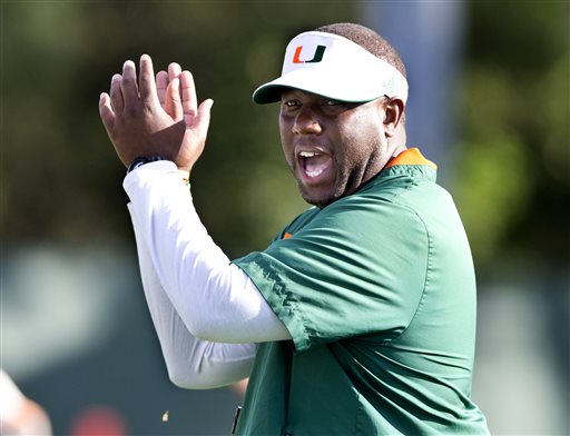 Miami interim head coach Larry Scott leads an NCAA college football practice Tuesday Oct. 27 2015 in Coral Gables Fla. Miami fired coach Al Golden on Sunday.  MAGS OUT MANDATORY CREDIT