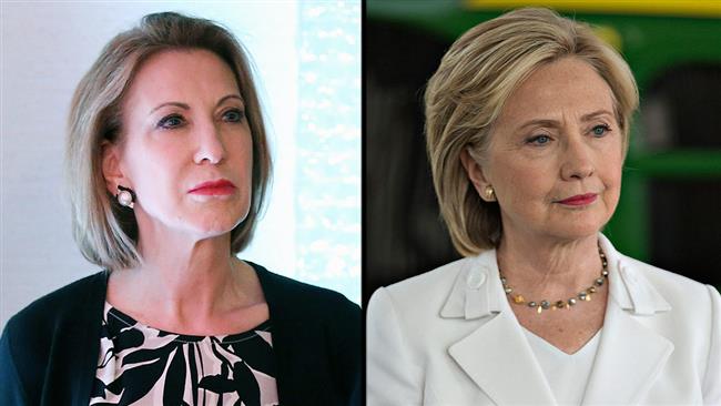 Combo image shows Republican presidential candidate Carly Fiorina and Democratic front-runner Hillary Clinton