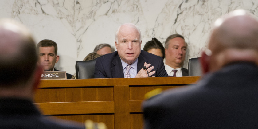 Sen. John Mc Cain addresses military leaders during the U.S. Senate Arms Services Committee's hearing on Capitol Hill in Washington D.C