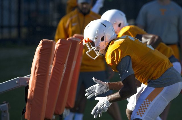 University of Tennessee players do drills during football practice at Haslam Field Tuesday Oct. 20 2015.                       Jessica Tezak