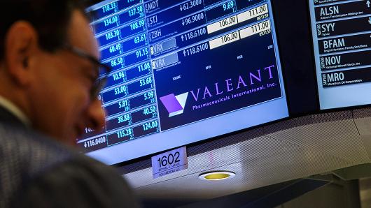 Traders work on the floor of the New York Stock Exchange underneath a board showing the name of Valeant Pharmaceuticals shortly before the opening of the markets in New York