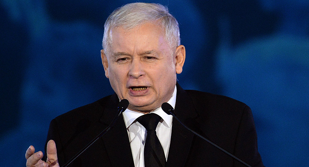 Jaroslaw Kaczynski leader of the opposition Law and Justice party in this weekend's general elections speaks at a party convention in Warsaw