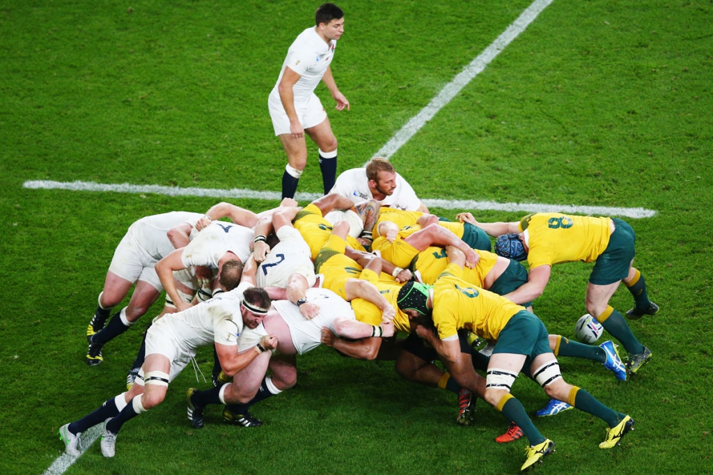 Wallabies pack down a scrum against England