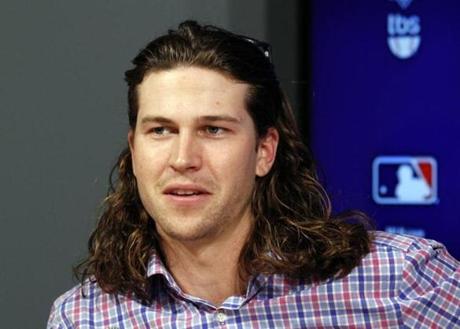 New York Mets starting pitcher Jacob de Grom answers questions during a news conference on travel day in preparation for Thursday's Game 5 of the National League Division Series against the Los Angeles Dodgers in Los Angeles Wednesday Oct. 14 2015