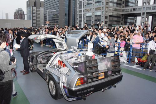 DeLorean remodeled similar to the'Back to the Future Part II time machine that runs on bioethanol fuel made from old clothes is shown to fans during a special celebration event organized by NBC Universal Entertainment Japan to mark the 30th anniversa