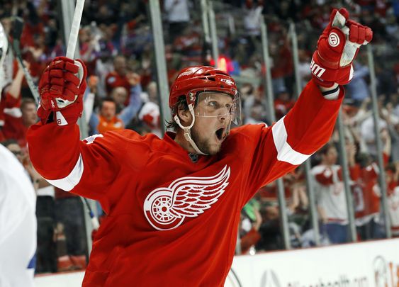 Justin Abdelkader celebrates his goal against the Toronto Maple Leafs in the second period of an NHL hockey game in Detroit Friday Oct. 9 2015. It was Abdelkader's third goal of the game