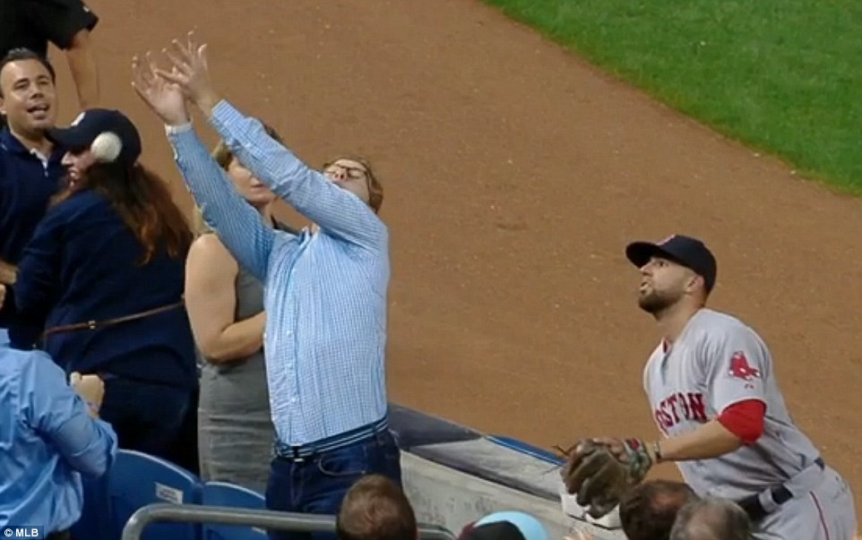 Squandered This man who was sitting in the first row at the Yankees Boston Red Sox matchup at Yankee Stadium on Tuesday night had not one not two but three chances to catch a foul ball and missed all of them