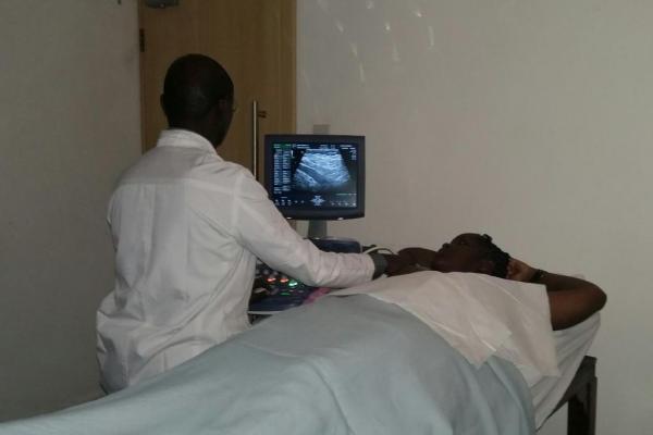 The breast ultrasound in progress