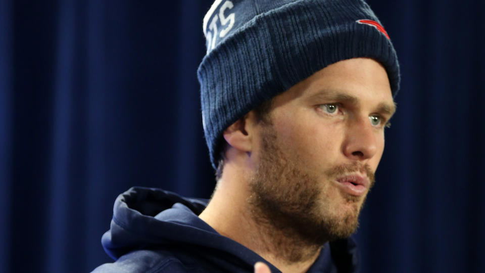 Patriots quarterback Tom Brady talks to the media today at Gillette Stadium