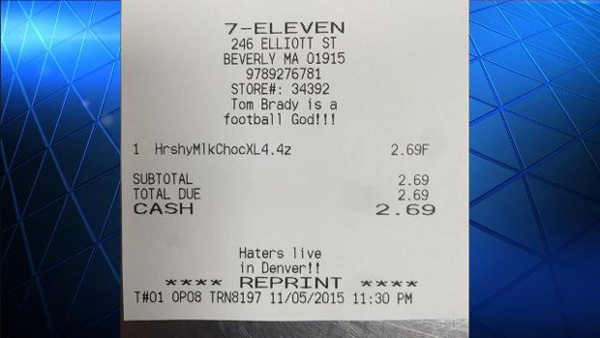 A Massachusetts 7 Eleven store responded to an Aurora store that printed receipts that said'Tom Brady's a cheater