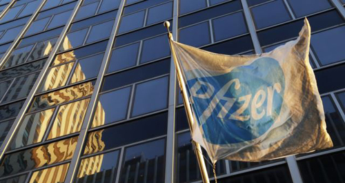 A Pfizer flag is displayed in front of world headquarters in New York on Nov. 23 2015. /AP