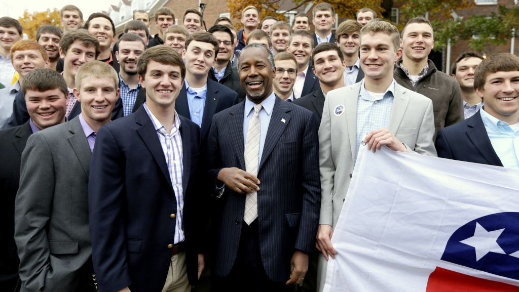 Rho fraternity members at Iowa State University following a campaign stop Saturday Oct. 24 2015 in Ames Iowa