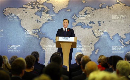 Britain's Prime Minister David Cameron delivers a speech on EU reform and the UKs renegotiation at Chatham House in London Tuesday Nov. 10 2015. Cameron on Tuesday formally launched his bid to renegotiate Britain's membership within the Eu