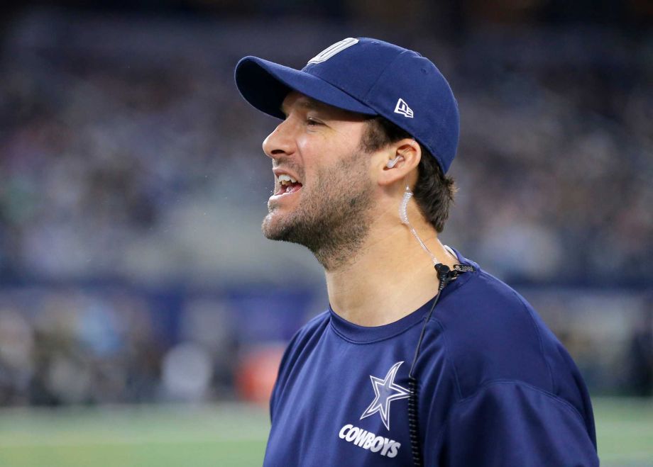 Dallas Cowboys quarterback Tony Romo shouts instructions to the team in the first half of an NFL football game against the Philadelphia Eagles on Sunday Nov. 8 2015 in Arlington Texas