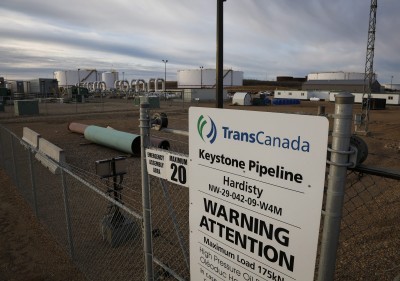 A sign in front of TransCanada's Keystone pipeline facilities in Hardisty Alberta Canada