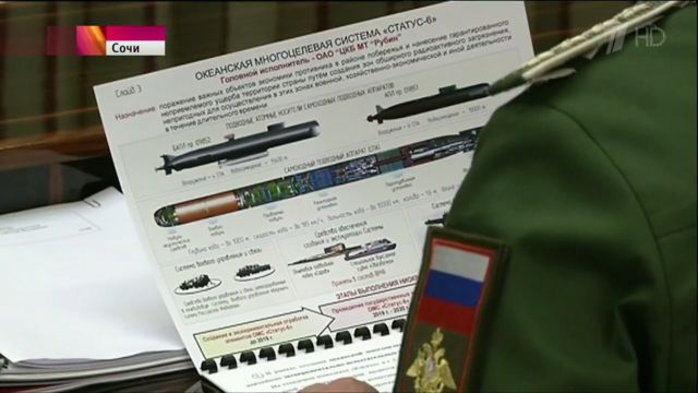 A summary slide of Russia's planned nuclear'cruise torpedo' which could be used to blow up ports from across the