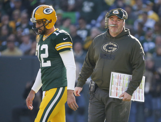 Green Bay quarterback Aaron Rodgers and head coach Mike Mc Carthy during the Packers loss to Detroit last Sunday