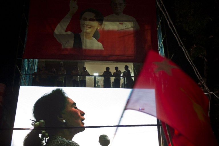 A huge portrait of opposition leader Aung San Suu Kyi on the facade of the National League for Democracy headquarters in Yangon. The NLD’s victory in Myanmar’s historic elections last weekend has raised hopes of Rohinya refugees wishing to return to R