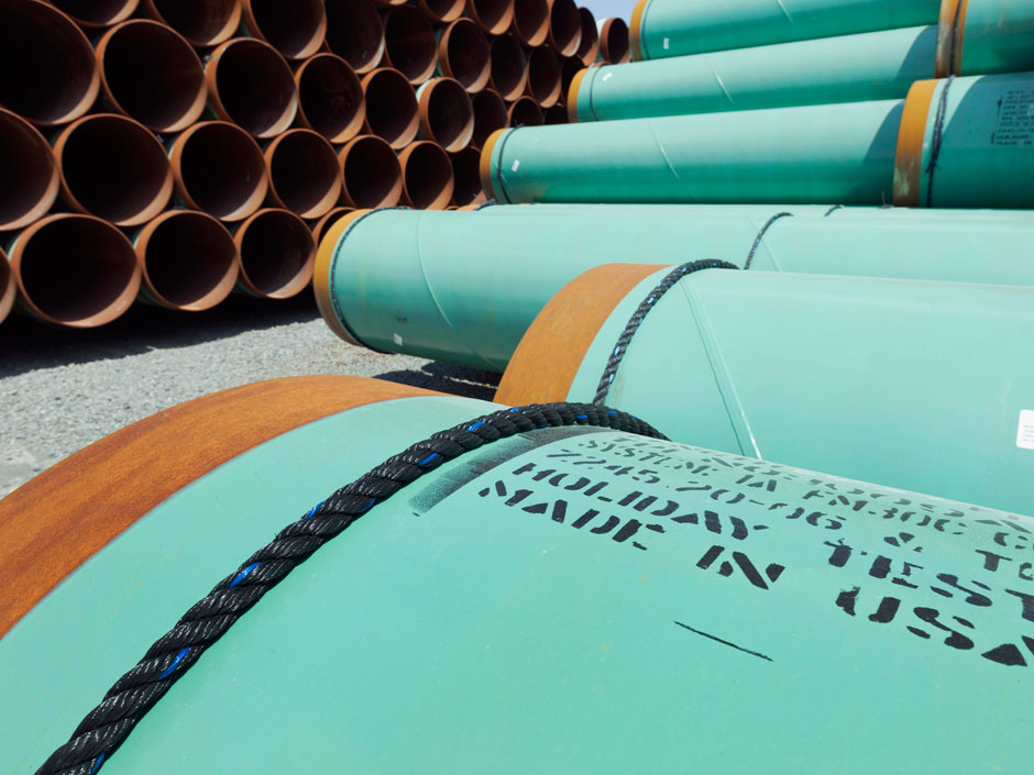 Some of about 500 miles worth of coated steel pipe manufactured by Welspun Pipes Inc. originally for the Keystone oil pipeline stored in Little Rock Ark