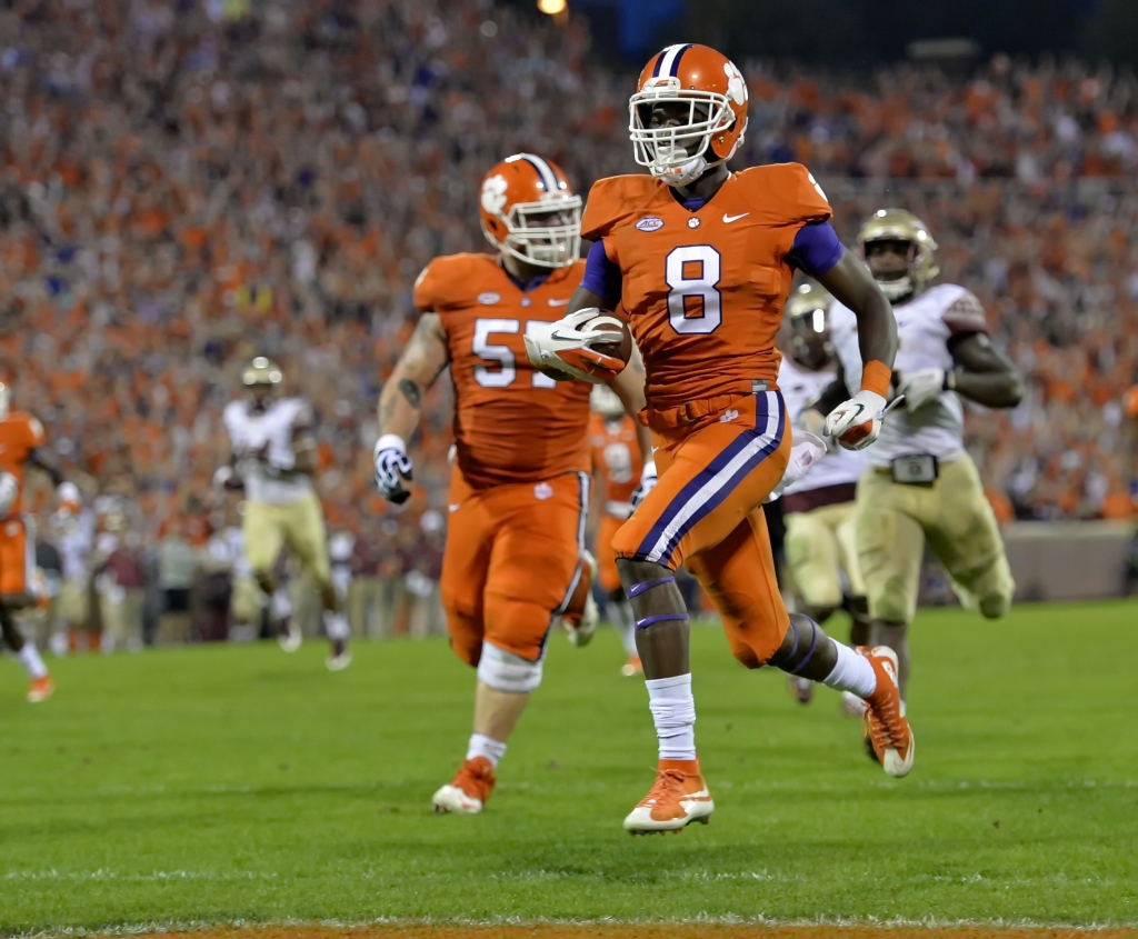 Clemson's Deon Cain rushes into the end zone for a touchdown during the second half of an NCAA college football game against Florida State Saturday Nov. 7 2015 in Clemson S.C. Clemson won 23-13