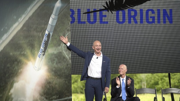 Amazon CEO Jeff Bezos as he unveiled a Blue Origin rocket at the Cape Canaveral Air Force Station in Florida two months ago