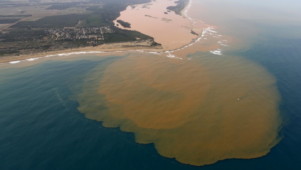 An aerial view of the Rio Doce, which was flooded with mud after a dam owned by Vale SA and BHP Billiton Ltd burst