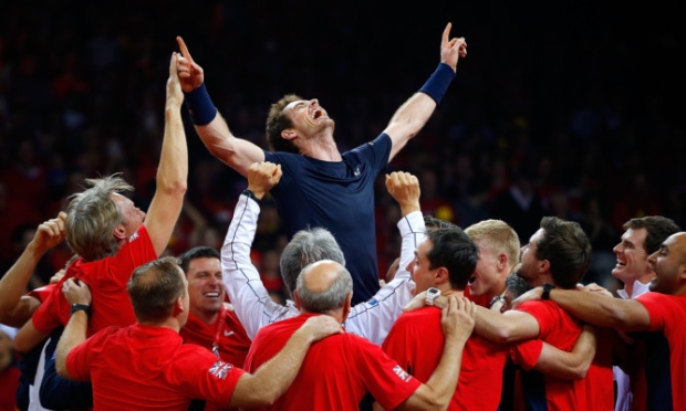 Andy Murray celebrates with his team-mates after winning his singles match to win the Davis Cup for Great