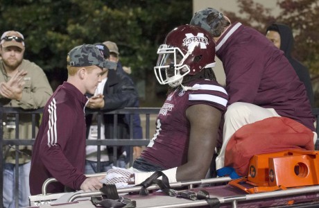 MSU's De'Runnya Wilson is carted off the field on Saturday