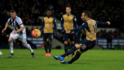 Arsenal's Santi Cazorla slips and misses his penalty in the Gunners&#39 2-1 defeat at West Brom