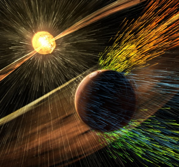 Artist’s rendering of a solar storm hitting Mars and stripping ions from the planet's upper atmosphere. Image credit NASA  GSFC