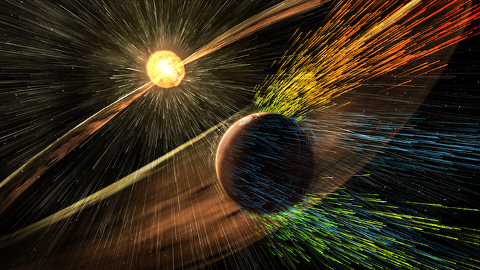 Artist’s rendering of a solar storm hitting Mars and stripping away ions