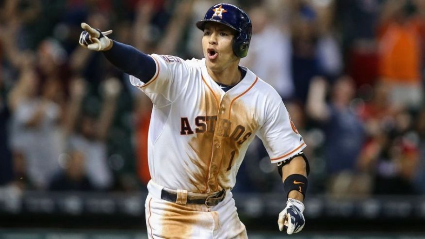 Aug 19 2015 Houston TX USA Houston Astros shortstop Carlos Correa gets a walk off game-winning RBI single during the thirteenth inning as the Astros defeated the Tampa Bay Rays 3-2 at Minute Maid Park. Mandatory Credit Troy Taormina-USA TODAY Sp