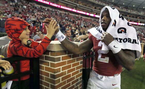 Derrick Henry greets fans after they defeated Charleston Southern 56-6 in an NCAA football game Saturday Nov. 21 2015 in Tuscaloosa Ala