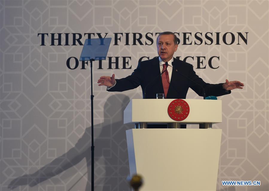 Turkish President Recep Tayyip Erdogan delivers a speech at the Standing Committee for Economic and Commercial Cooperation of the Organization of the Islamic Cooperation in Istanbul Turkey on Nov. 25 2015. Erdogan said on Wednesday that Turkey