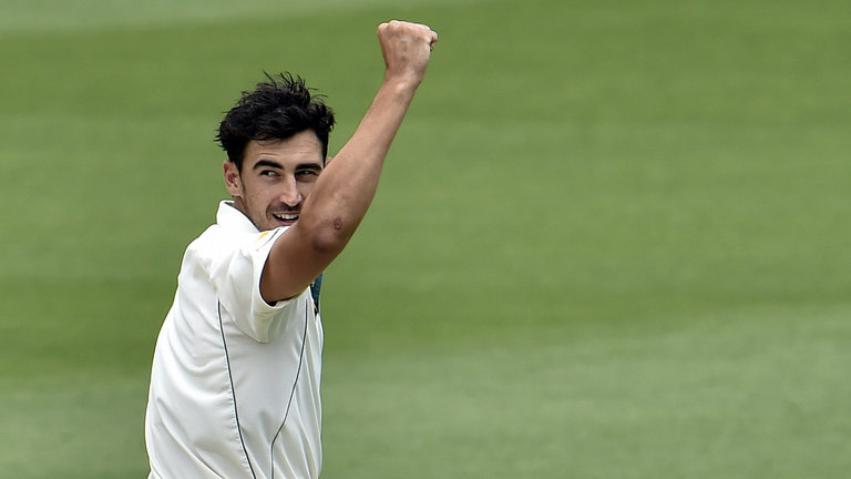 Australia's paceman Mitchell Starc celebrates the last wicket of New Zealand's Trent Boult