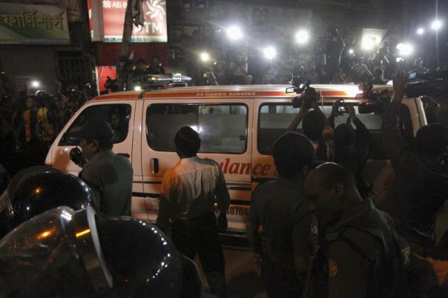 An ambulance carrying the body of Islamist opposition leader Ali Ahsan Mohammad Mujahid comes out of the Dhaka Central Jail after his execution on Sunday