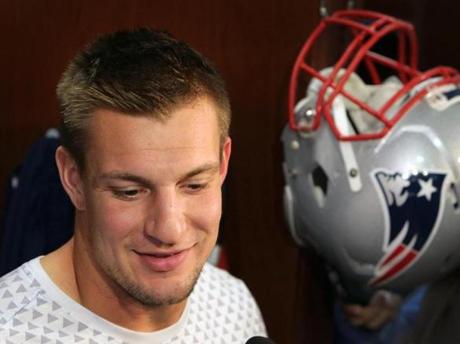 Foxborough MA- 11/19/15- New England Patriots tight end Rob Gronkowski. The New England Patriots practice in Foxborough.-, Section Sports Reporter Michael Whitmer Topic 20Patriots LOID