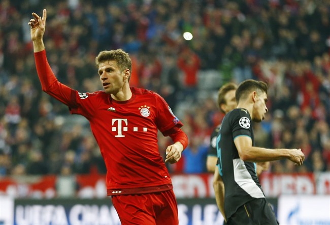 Bayern's Thomas Mueller celebrates after scoring his side's fifth goal during the Champions League Group F soccer match between Bayern Munich and Arsenal FC in Munich southern Germany Wednesday Nov. 4 2015