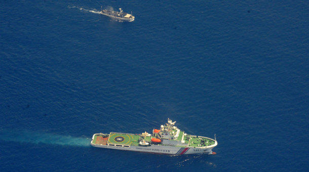 A China Coast Guard ship and a Philippine supply boat engage in a stand off as the Philippine boat attempts to reach the Second Thomas Shoal a remote South China Sea a reef claimed by both countries