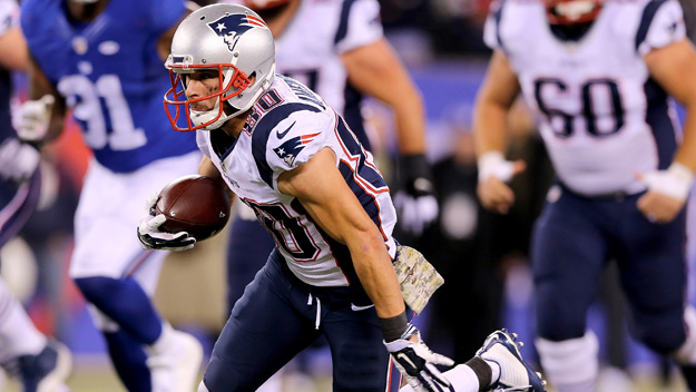 EAST RUTHERFORD NJ- NOVEMBER 15 Danny Amendola #80 of the New England Patriots tries to get a few extra yards in the final minute of the game against the New York Giants at Met Life Stadium