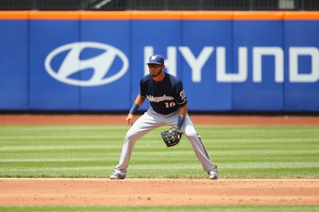 NEW YORK NY- MAY 17 Luis Sardinas #10 of the Milwaukee Brewers in action against the New York Mets during their game at Citi Field