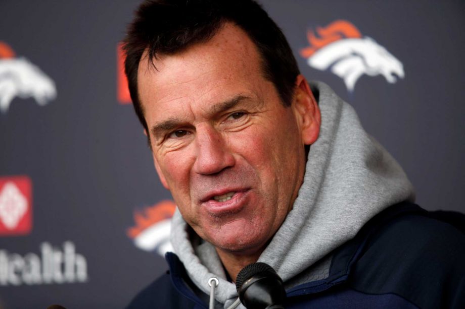 Denver Broncos head coach Gary Kubiak talks to reporters after an NFL football practice at the team's headquarters Wednesday Nov. 25 2015 in Englewood Colo