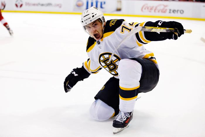 Nov 25 2015 Detroit MI USA Boston Bruins center Frank Vatrano celebrates is game winning overtime goal against the Detroit Red Wings at Joe Louis Arena. Boston won 2-3 in overtime. Mandatory Credit Rick Osentoski-USA TODAY Sports