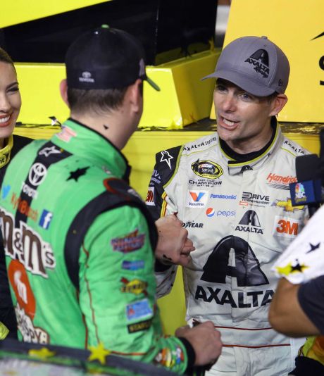 Jeff Gordon right congratulates Kyle Busch on his Sprint Cup championship something Gordon won four times in a career that concluded Sunday with a sixth-place finish in the race and third place in the Chase playoffs