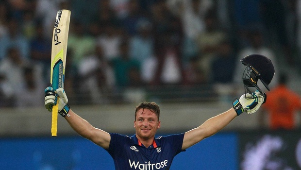 England batsman Jos Buttler celebrates century against Pakistan during the Pakistan and England 4th One Day International match at the Dubai International Stadium in Dubai United Arab Emirates Friday Nov. 20 2015. | AP