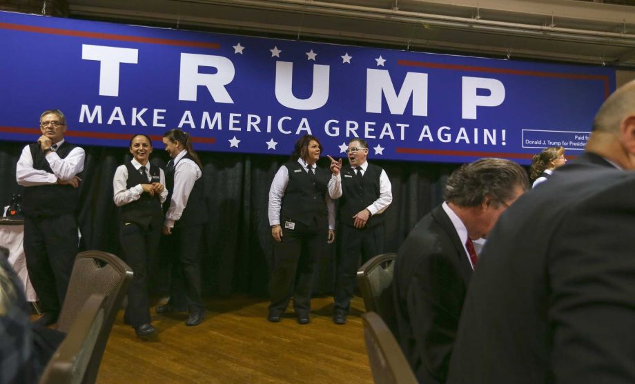 Servers wait to start bringing in breakfast at Politics and Eggs in Manchester N.H. Wednesday Nov. 11 2015. Republican presidential candidate Donald Trump spoke at the event which was hosted by New England Council and NH Institute of Politics