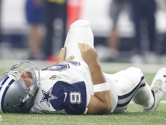 Nov 26 2015 Dallas Cowboys quarterback Tony Romo is injured after a sack by the Carolina Panthers during the third quarter of a NFL game on Thanksgiving at AT&T Stadium