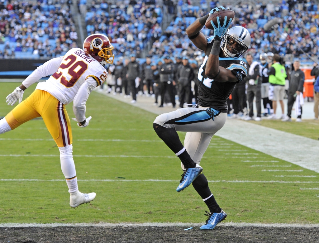 Carolina Panthers&#039 Devin Funchess catches a touchdown pass as Washington Redskins&#039 Chris Culliver defends in the second half of an NFL football game in Charlotte N.C. Sunday Nov. 22 2015